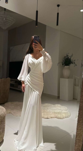 Vestido de noche largo tipo sirena con escote en V fruncido, elegante, color blanco, Y7737